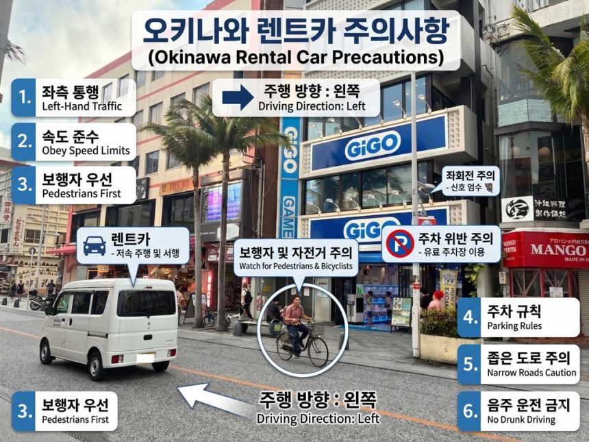 [오키나와 렌트카 주의사항] 한국인이 꼭 알아야 할 6가지 + FAQ 총정리 (좌측통행·속도·주차·음주운전)