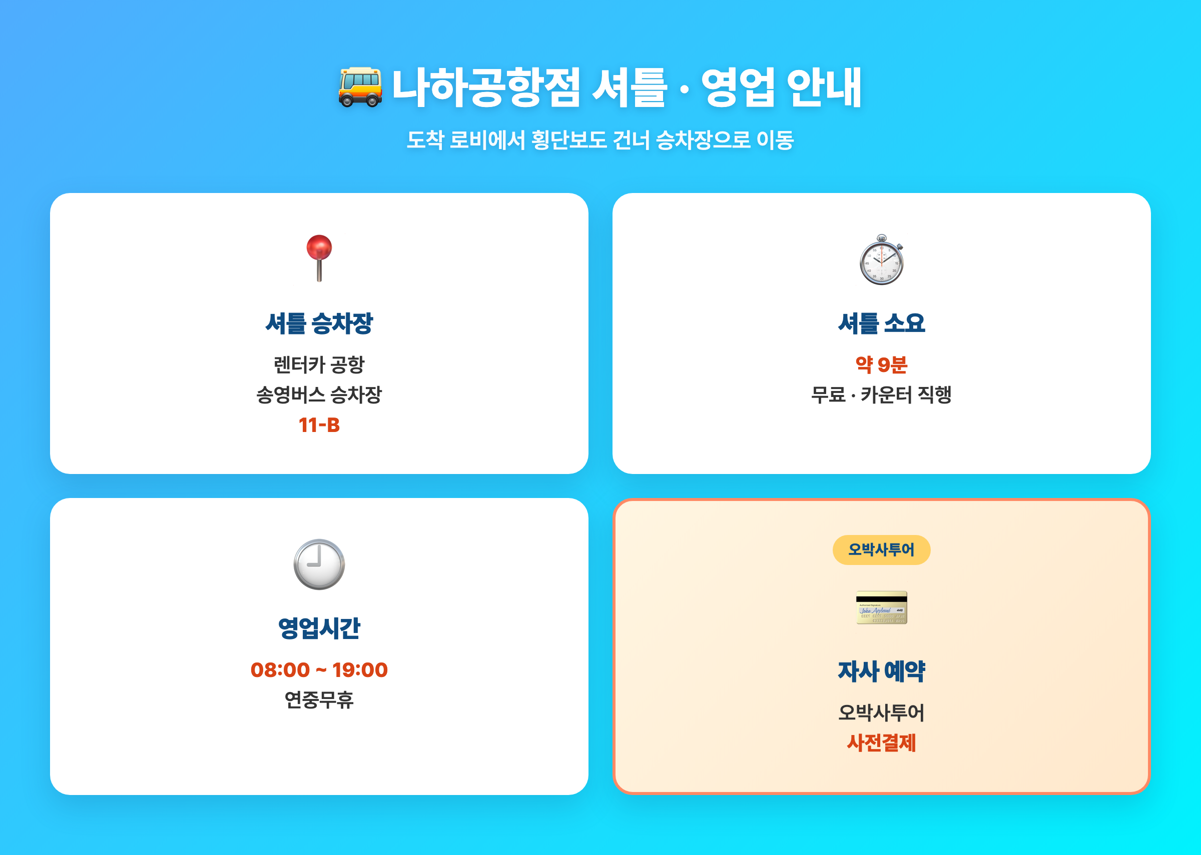 나하공항 스카이렌터카 셔틀 승차장 11-B 표지판과 자사 안내 옵션 요약 카드