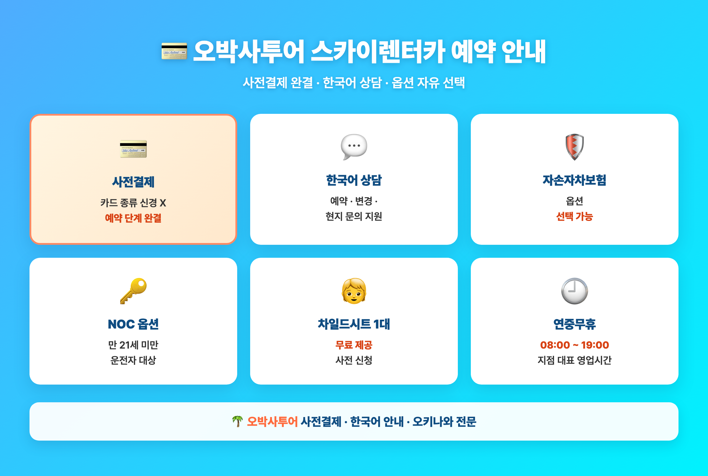 오박사투어 스카이렌터카 예약 안내 요약 카드 — 사전결제·한국어 상담·자손자차보험 옵션·NOC 옵션·차일드시트 무료·연중무휴
