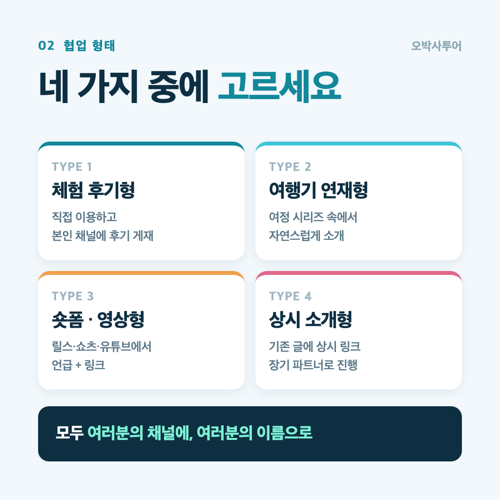 오박사투어 협업 형태 네 가지 체험 후기형 여행기 연재형 숏폼 영상형 상시 소개형