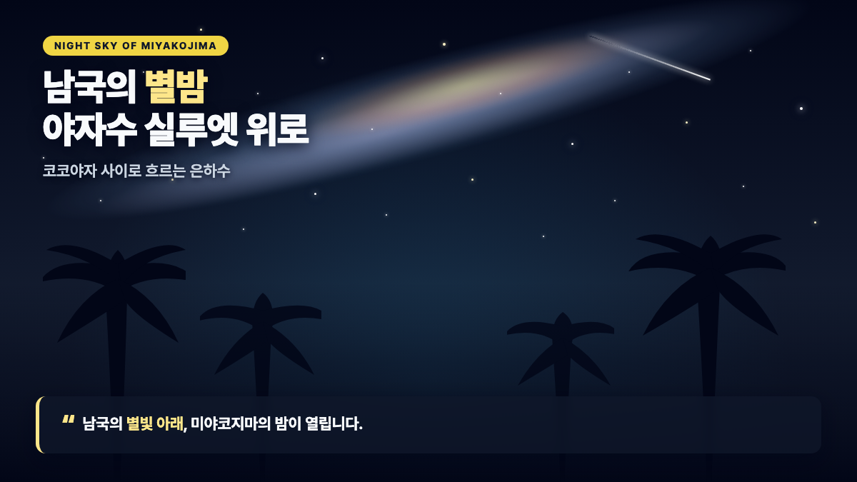 미야코지마 남국 은하수 별밤 실루엣 — 야자수 아래 별밤 배경