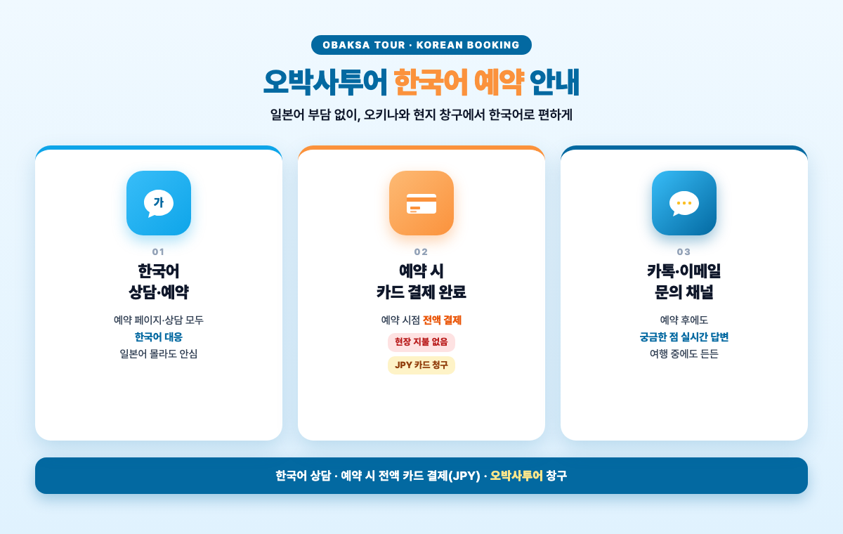 오박사투어 한국어 예약 안내 — 한국어 상담, 예약 시 전액 카드 결제, 카톡 문의 3단 포인트카드