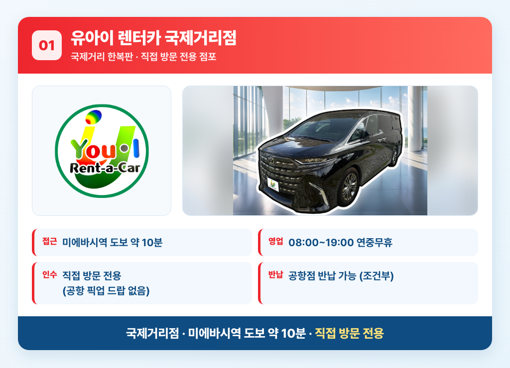 유아이 렌터카 국제거리점 안내 카드 — 미에바시역 도보 약 10분, 직접 방문 전용
