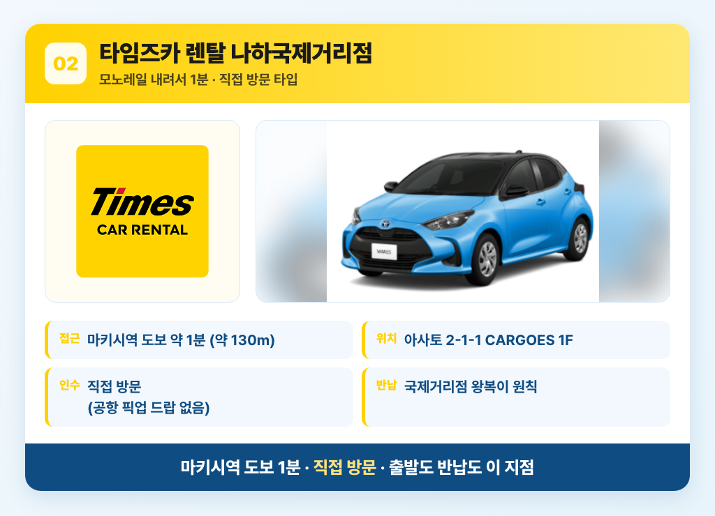 타임즈카 렌탈 나하국제거리점 안내 카드 — 마키시역 도보 1분, 왕복 반납 원칙