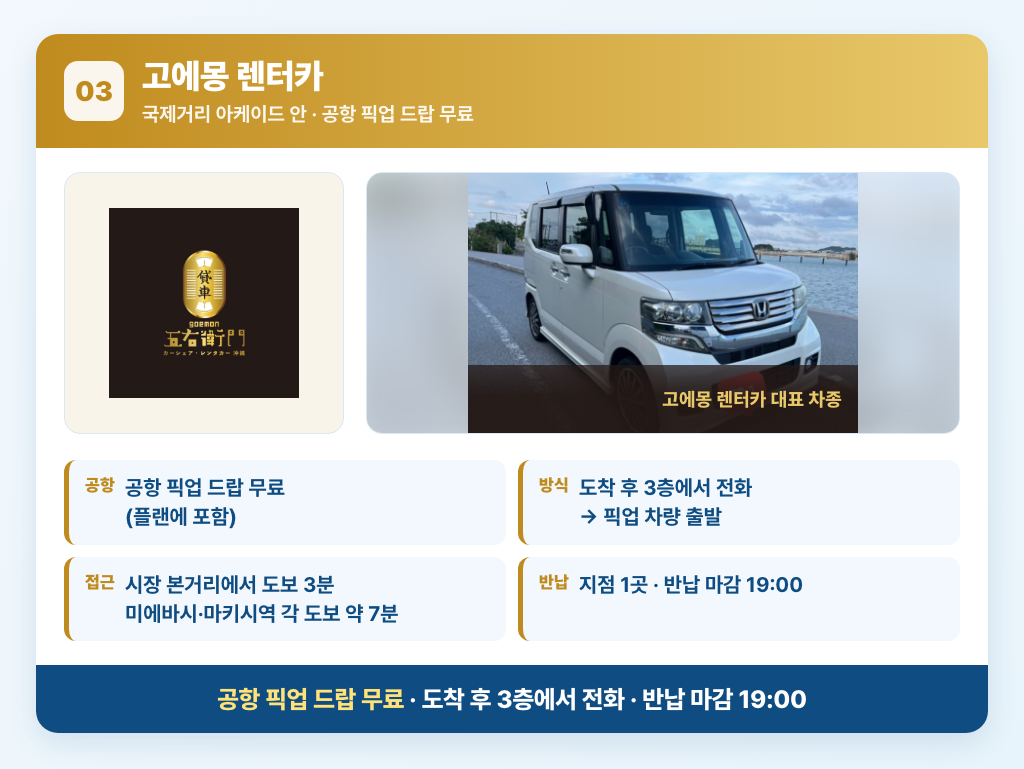 고에몽 렌터카 안내 카드 — 국제거리 아케이드 안, 공항 픽업 드랍 무료