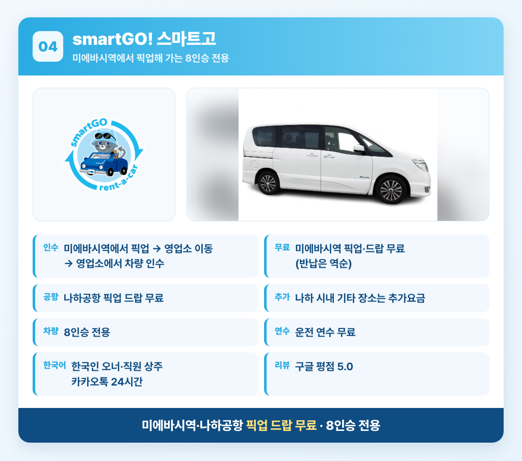 smartGO! 오키나와 안내 카드 — 미에바시역 픽업·드랍 무료, 나하 시내는 추가요금