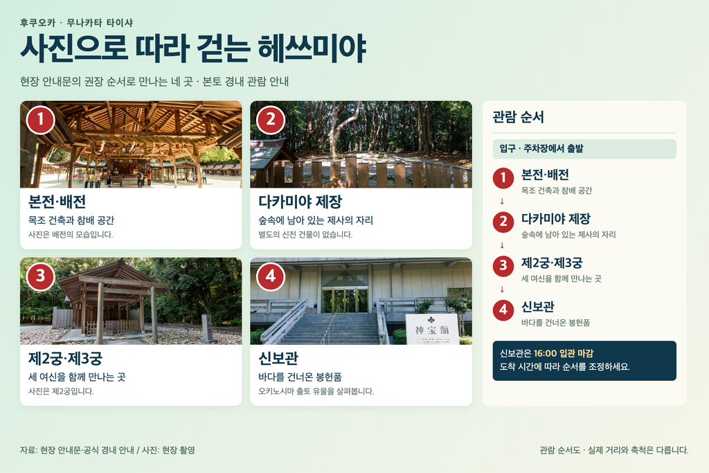 본전과 배전, 다카미야 제장, 제2궁과 제3궁, 신보관 순서로 걷는 헤쓰미야 관람도