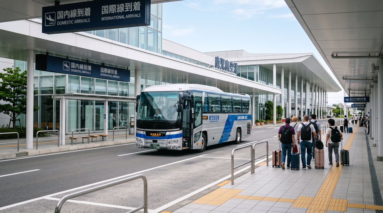 가고시마공항 국제선 도착층과 리무진버스 승강장 — 시내(가고시마추오역)까지 약 40분 소요