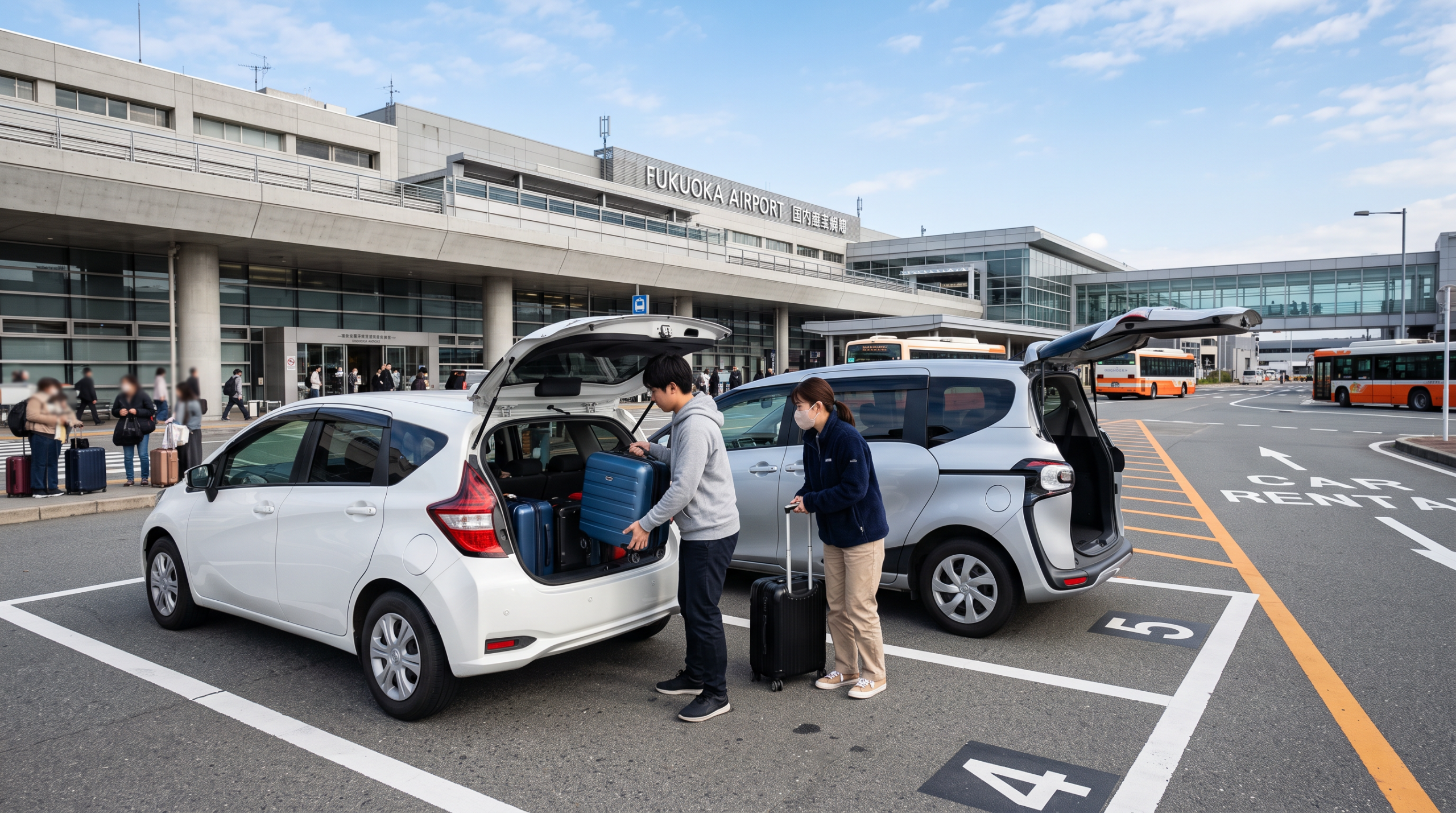후쿠오카 공항 렌터카 픽업 존에서 여행객이 컴팩트 세단·SIENTA에 짐을 싣는 씬
