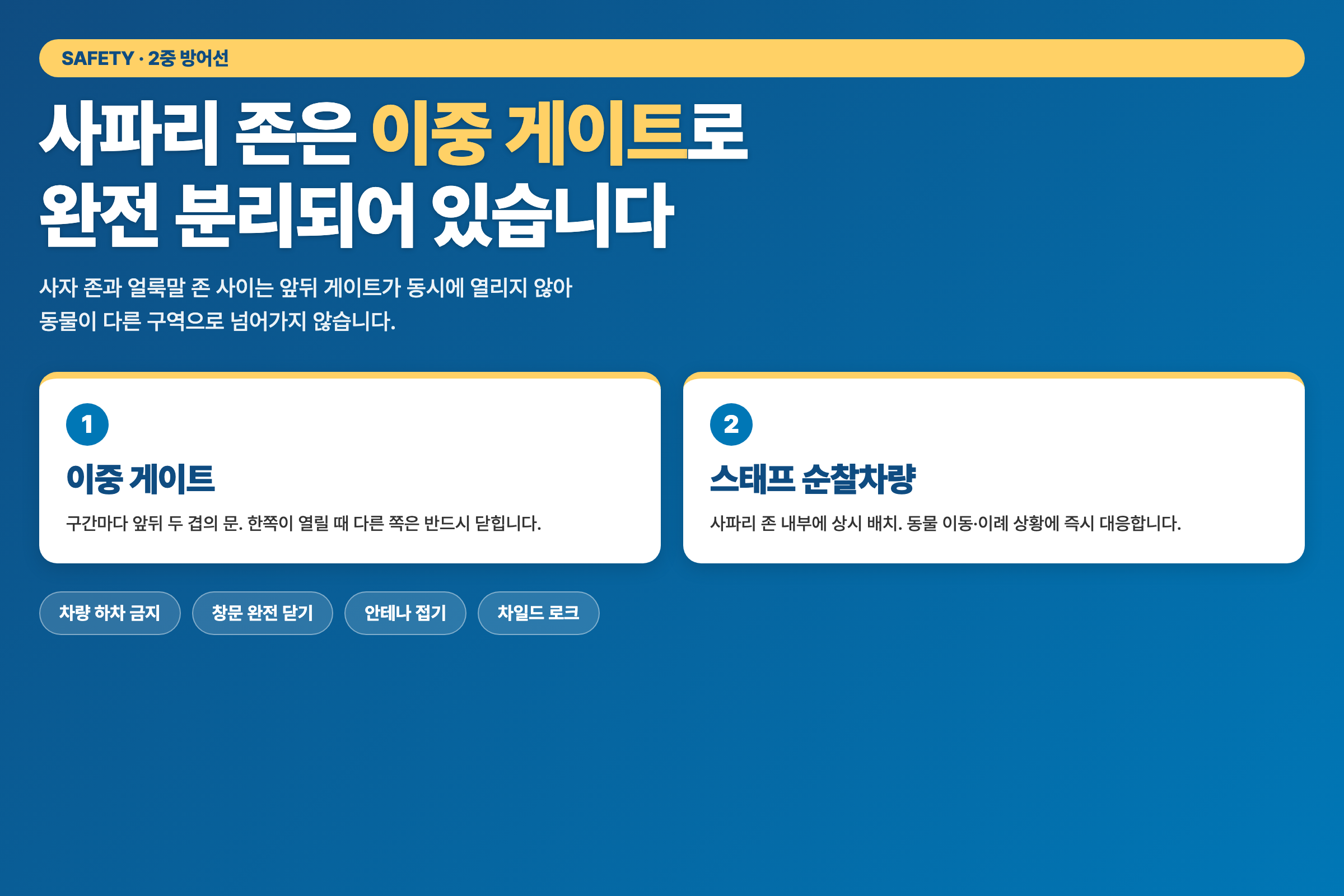 이중 게이트와 스태프 순찰차량 — 사파리 존 안전 관리 구조