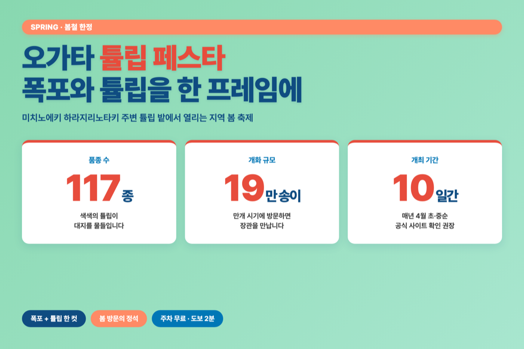 오가타 튤립 페스타 규모 안내 — 117종 19만 송이, 10일간 개최