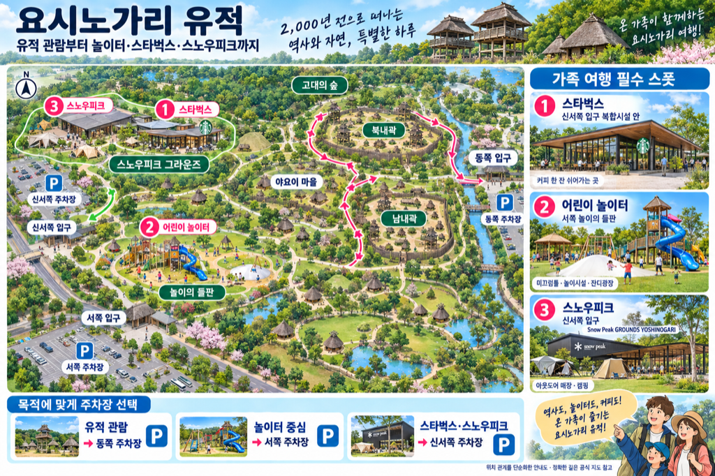 요시노가리 역사공원 동선 안내 — 동쪽·서쪽 게이트와 놀이터·스타벅스·스노우피크·주차장 선택 가이드