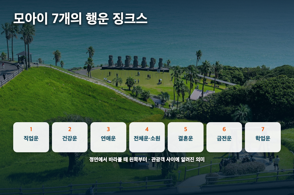 왼쪽부터 직업운 건강운 연애운 전체운 결혼운 금전운 학업운을 나타낸 카드