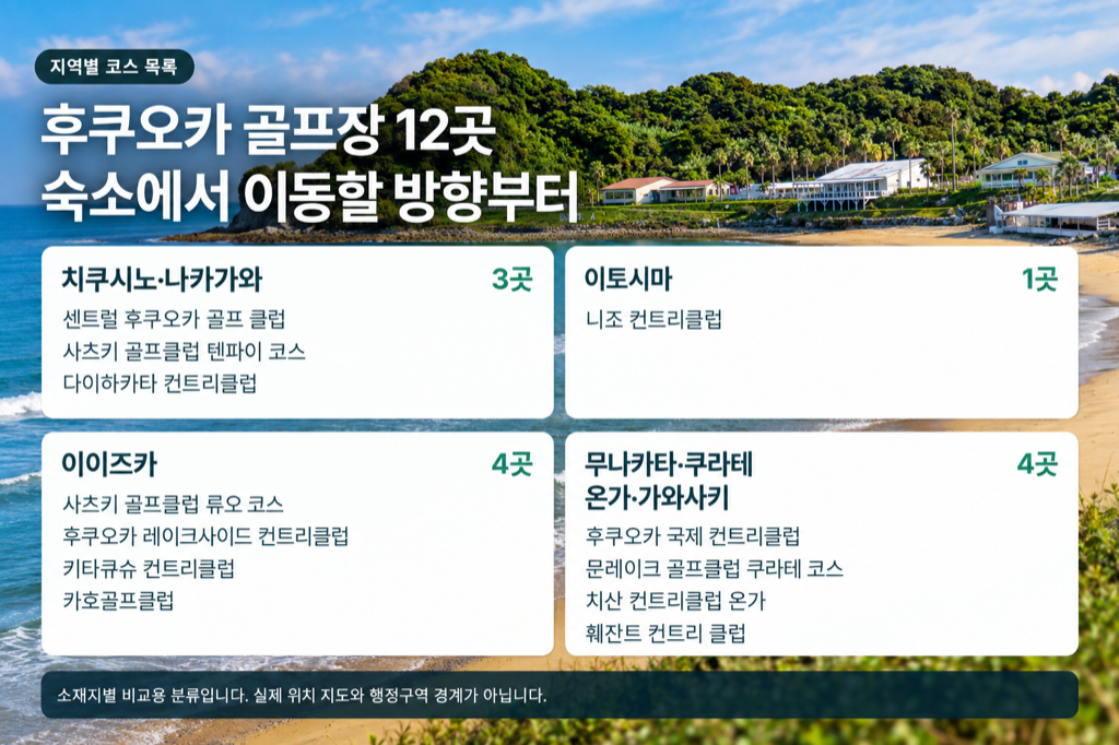 후쿠오카 골프장 12곳을 소재지별로 3곳, 1곳, 4곳, 4곳으로 나눈 비교 목록